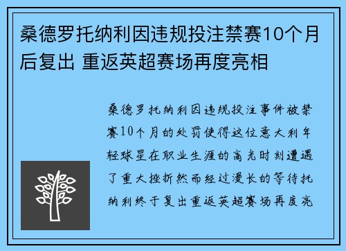 桑德罗托纳利因违规投注禁赛10个月后复出 重返英超赛场再度亮相 桑德罗托纳利因违规投注禁赛10个月后复出 重返英超赛场再度亮相