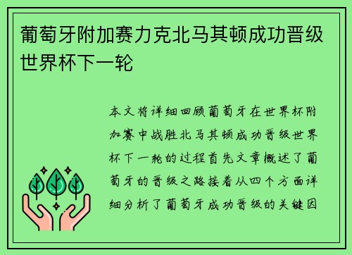 葡萄牙附加赛力克北马其顿成功晋级世界杯下一轮